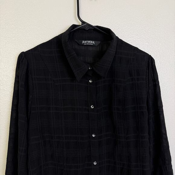 Disturbia Shirt Womens Size 12 Black Check Long Sleeve Button Up Sheer Puff - Picture 2 of 11